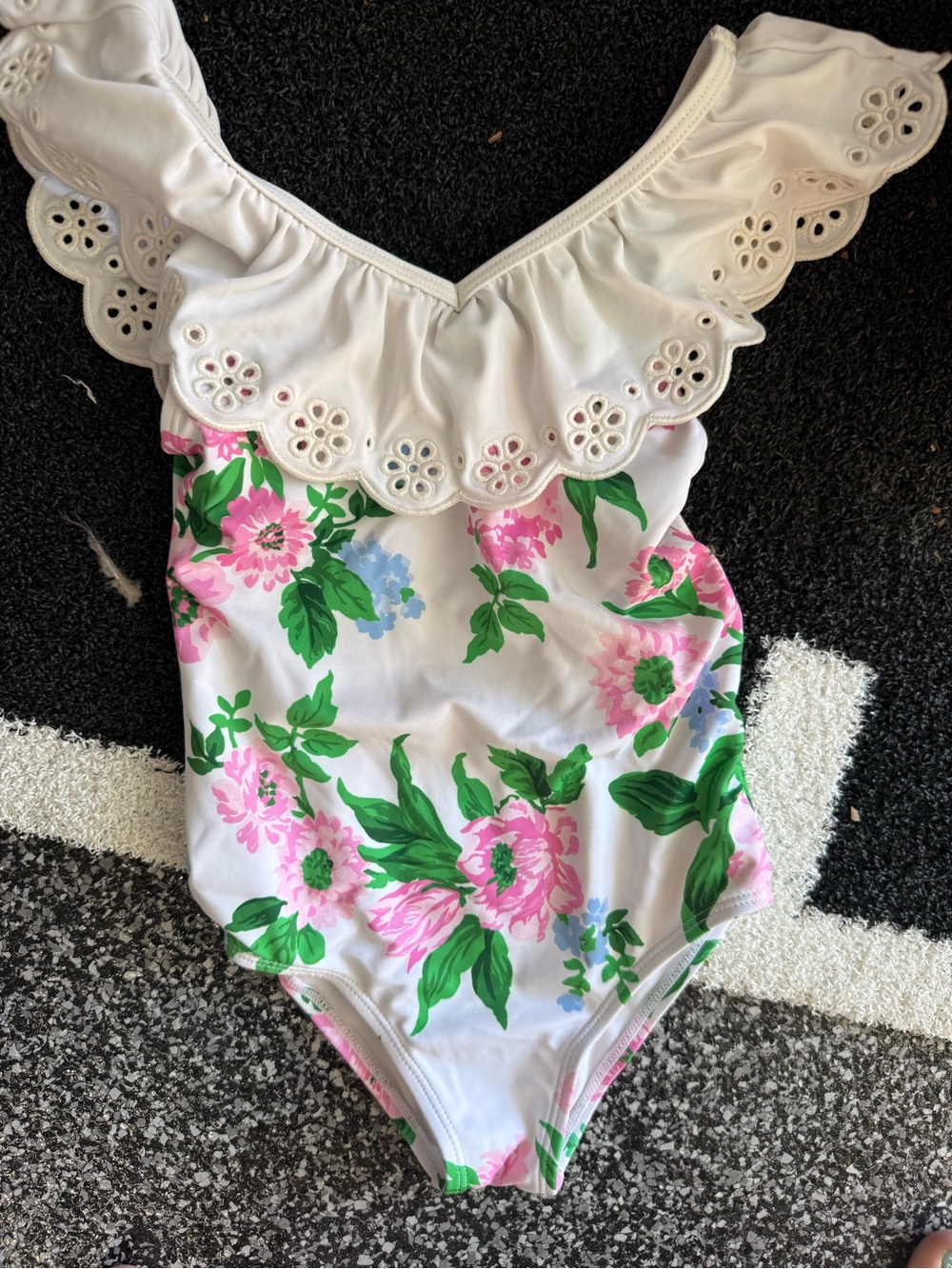 Girls White Floral One-Piece Swimsuit with Eyelet Ruffle